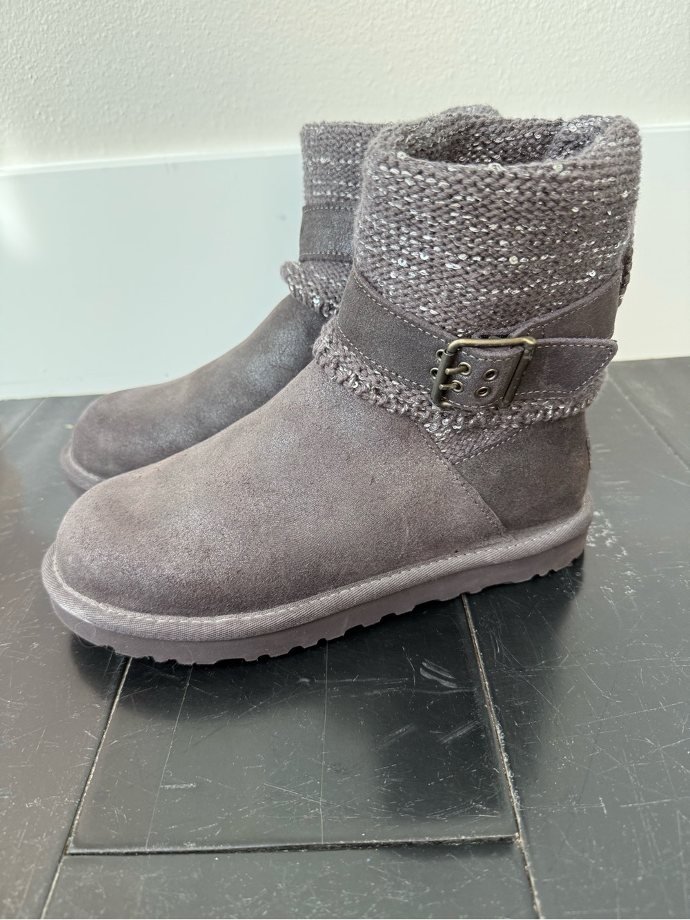 UGG Cambridge Metallic Grey Suede Knit Cuff Boots